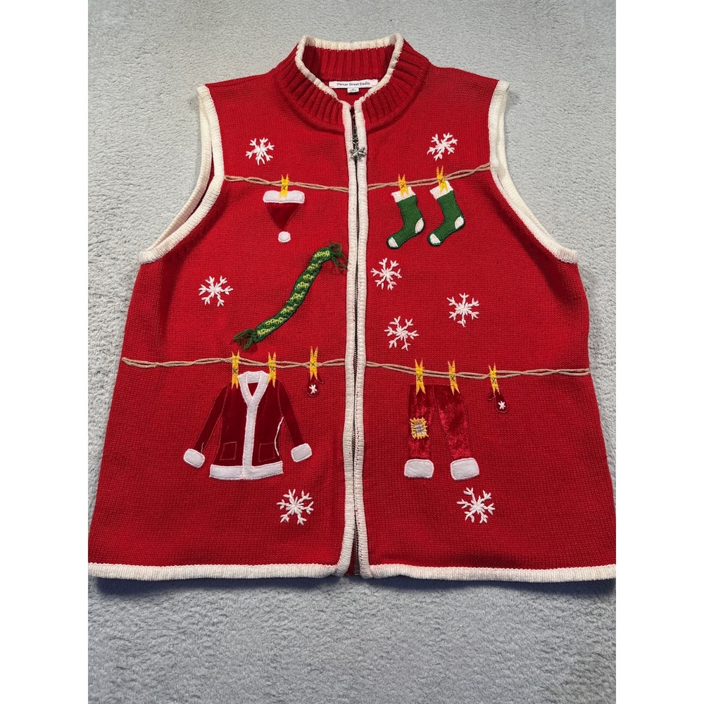 Vintage Mercer‎ Street Studio Womens Red Ugly Christmas Cardigan Sweater Vest L